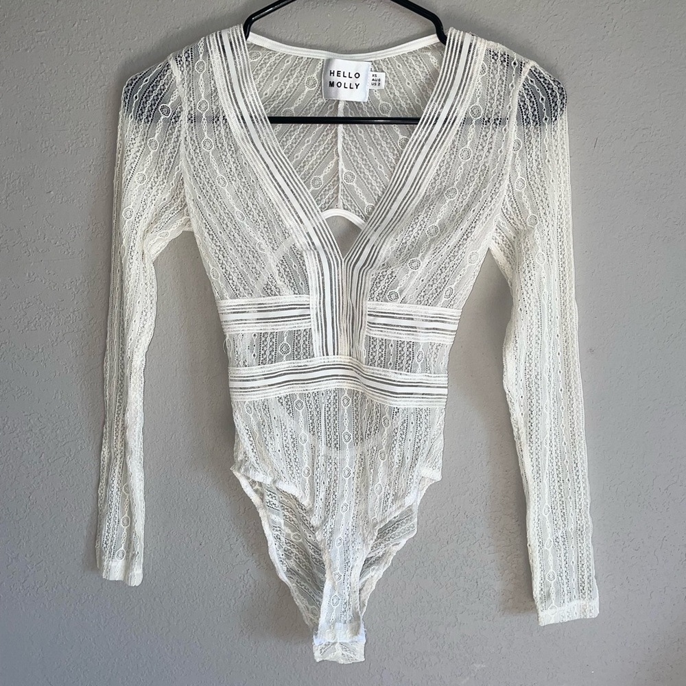 Hello Molly White Lace Long Sleeve V-Neck Bodysuit